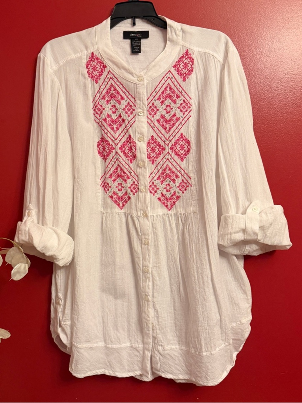 Style & Co. White Button-Front  Top with Pink Embroidery